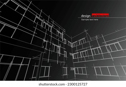 Architecture design layout of recycled architecture in wireframe and gradient color background. Extended lines and linear forms of simple shape