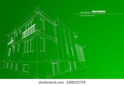 Architecture design layout of recycled architecture in wireframe and gradient color background. Extended lines and linear forms of simple shape