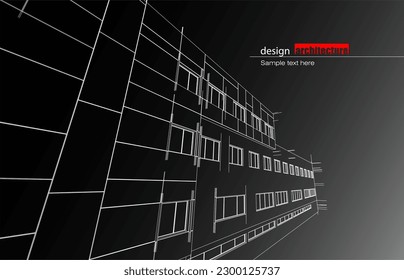 Architecture design layout of recycled architecture in wireframe and gradient color background. Extended lines and linear forms of simple shape