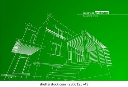 Architecture design layout of recycled architecture in wireframe and gradient color background. Extended lines and linear forms of simple shape