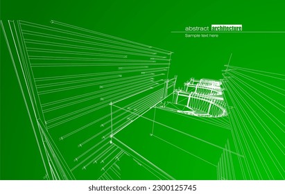 Architecture design layout of recycled architecture in wireframe and gradient color background. Extended lines and linear forms of simple shape