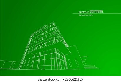 Architecture design layout of recycled architecture in wireframe and gradient color background. Extended lines and linear forms of simple shape