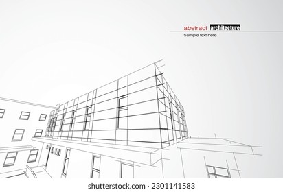 Architecture design layout of recycled architecture in wireframe and gradient color background. Extended lines and linear forms of simple shape