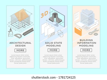 Architecture design and solid state 3d modeling isometric vector banners