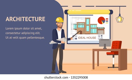 Architecture Design Website Vector Banner Template. Modern Office Work Space Apartment Interior Illustration. Cartoon Character. Flat Design, Text Space, Frame. Construction Company Web Page Idea