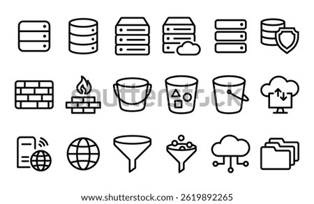 IT architecture diagram icon sheet, featuring various tech symbols like databases, buckets, servers, and cloud elements. Designed for system architecture, infrastructure, and technical documentation