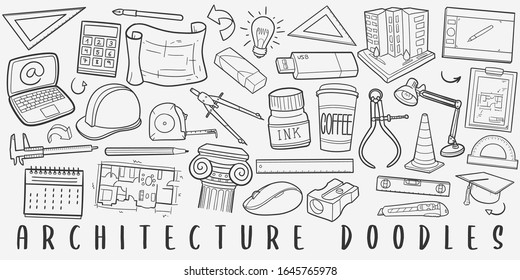 Architecture Doodle Line Art Illustration. Hand Drawn Vector Clip Art. Banner Set Logos.