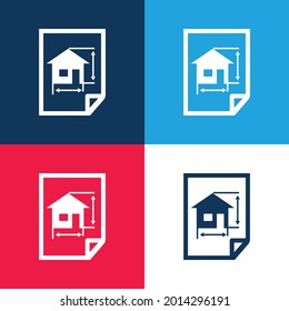 Architecture Draw Of A House On A Paper blue and red four color minimal icon set