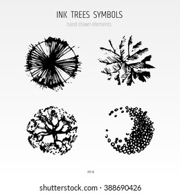 Architecture Drawing, Landscape Design Elements - Different Tree Symbols In A Top View. Black Hand Drawn  Architectural Illustration.