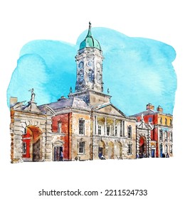 Architecture dublin ireland watercolor hand drawn illustration isolated on white background