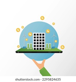 architecture eco sustainable environment concept. building with ecology, sustainability, solar panels, windmill, nature on mobile and green color, vector. architecture for web banner, illustration,