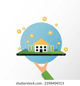 architecture eco sustainable environment concept. building with ecology, sustainability, solar panels, windmill, nature on mobile and green color, vector. architecture for web banner, illustration,