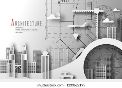 Architecture of eco and world environment day with Blueprint background.paper art style.