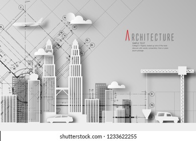 Architecture Of Eco And World Environment Day With Blueprint Background.paper Art Style.