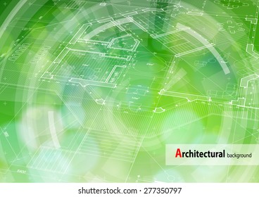 Architecture ecology blueprint: plan, radial HUD elements & green bokeh abstract light background / vector illustration / eps10