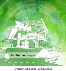 Architecture ecology design: blueprint 3d house, plan, radial HUD elements & green bokeh abstract light background / vector illustration / eps10
