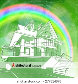 Architecture ecology design: blueprint 3d house, plan, radial HUD elements & green bokeh abstract light background / vector illustration / eps10