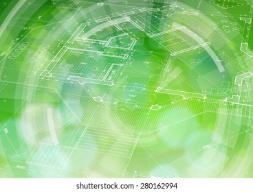 Diseño de la ecología de la arquitectura: blueprint 3d casa, plan, elementos radiales HUD y fondo de luz abstracto de bokeh verde / ilustración vectorial / eps10