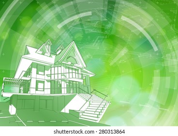 Architecture ecology design: blueprint 3d house, plan, radial HUD elements & green bokeh abstract light background / vector illustration / eps10