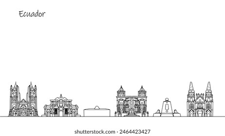 Arquitectura del Ecuador. Lugares de interés y lugares hermosos del país sudamericano. Dibujado a mano ilustración en blanco y negro.