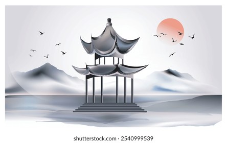 Architecture element in chinese style. Silhouette of mountains under sunset. Minimalist creativity and art. Asian style painting. Flat vector illustration isolated on white background