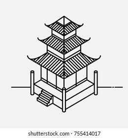 Architecture element in Oriental style. Outline Isometric Pagoda house. Chinese and japanese landmark.