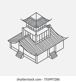 Architecture element in Oriental style. Outline Isometric Pagoda house. Chinese and japanese landmark.