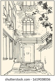 Architecture elements. Black and white sketch, line art. Dashed style. 