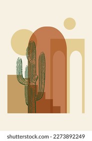 Architecture elements and cactus poster illustration. Modern aesthetic art, desert vibes.