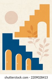 Architecture elements and leaves poster illustration.