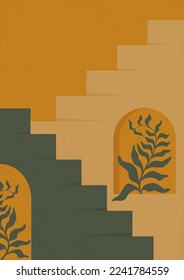 Elementos de arquitectura y deja la ilustración del afiche. Ilustraciones estéticas modernas.