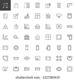 Architecture elements outline icons set. linear style symbols collection line signs pack. vector graphics. Set includes icons as Blueprint project plan, Building construction, House interior furniture