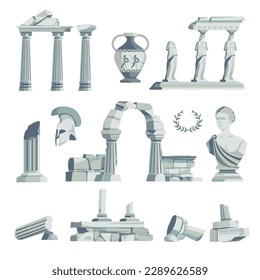 architecture elements and sculpture of Ancient Rome or Greece. Amphora and bust, pillars of temple. Isolated ruins and helmet of warrior or spartan fighter. Vector in flat style illustration