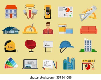 Architecture, engineering and Construction flat icons set. 