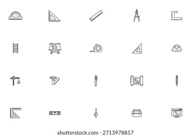Conjunto de iconos de línea de arquitectura e ingeniería. Ilustración vectorial de herramientas de construcción, equipos de medición, planos, dibujos y símbolos de diseño