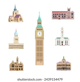 Architecture of England. Buildings on a white background. Flat design. Vector illustration