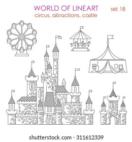 Architecture entertainment building circus attractions castle playhouse Ferris wheel graphical linear hipster icon set. World of line-art collection.