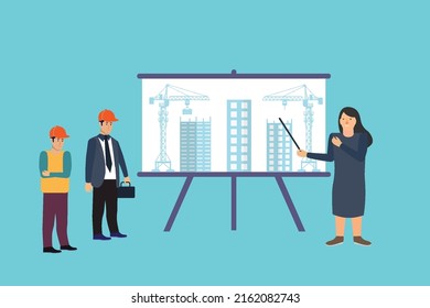 Architecture explaining work process to handyman workers vector. Male and female flat character design with a blueprint board. Working management concept with workers flat illustration.