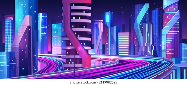 Architecture and exterior look of buildings in futuristic city. Vector cityscape with skyscrapers and contemporary roads and streets. Skyline with downtown business center design, fiction world