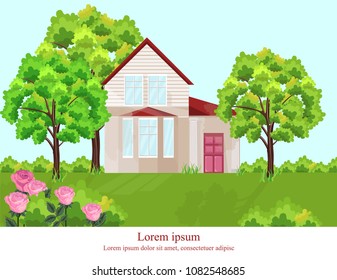 Architecture facade house Vector. Nature beautiful green yard backgrounds