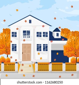 Architecture facade white french cottage house Vector. Fall autumn season backgrounds