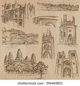 ARCHITECTURE and Famous Places around the World. Description - Hand drawn vectors, freehand sketching. Editable in layers and groups. Background is isolated. All things are named inside the file.