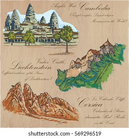 Architecture and famous places around the World. Collection of hand drawn colored vector illustrations.