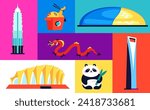 Architecture and features of China - set of flat design style illustrations. Images of Jin Mao Tower, National Centre for the Performing Arts, Shanghai Oriental Sports building, WOK, dragon, panda