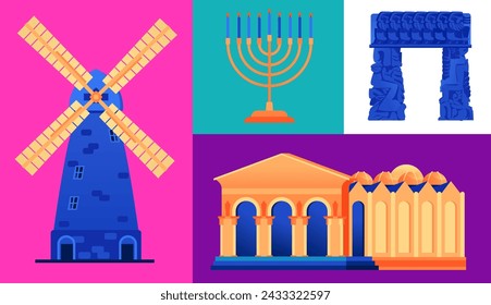 Architecture and features of Israel - set of flat design style illustrations. Colored images of Church of All Nations, Gate of Faith in Jaffa, menorah and Montefiore Windmill. Countries and cities