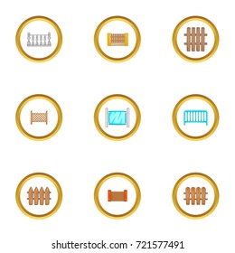 Architecture fence icons set. Cartoon style set of 9 architecture fence vector icons for web design