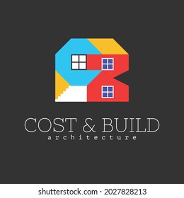 Architecture firm logo. Flat logo of a house made from geometric letter C and B with the stairs, roof, and windows, with ‘Cost and Build’ logo text below and ‘architecture’ as tagline lower. EPS8.