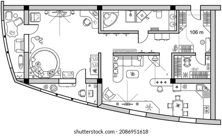 Architecture floor plan. Sketch of interior apartment furniture icon top view. Room in flat style. House floor design project, living room, kitchen, bedroom, bathroom in above. Vector 