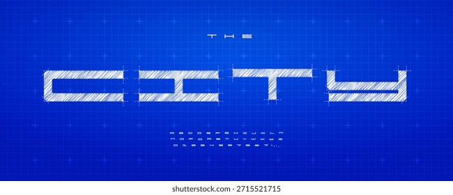 Architecture Font Logo Alphabet Vector Blueprint Letters Set Wide Geometric Typography, Extended Typographic Title Text, Headline, Logotype, Architect Fonts on Blue Grid Background. Vector Typeface