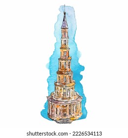 Architecture france watercolor hand drawn illustration isolated on white background
